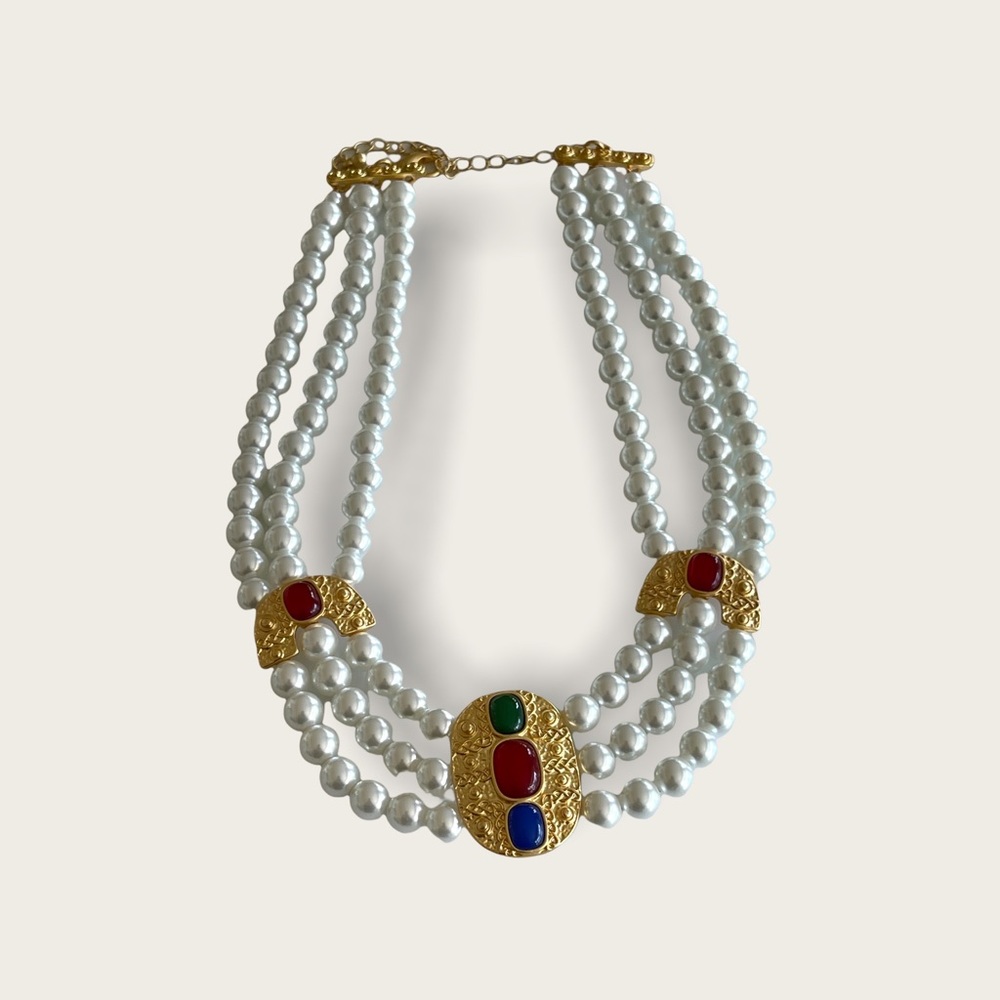 Monet signer Pearl triple strand jeweled choker necklace